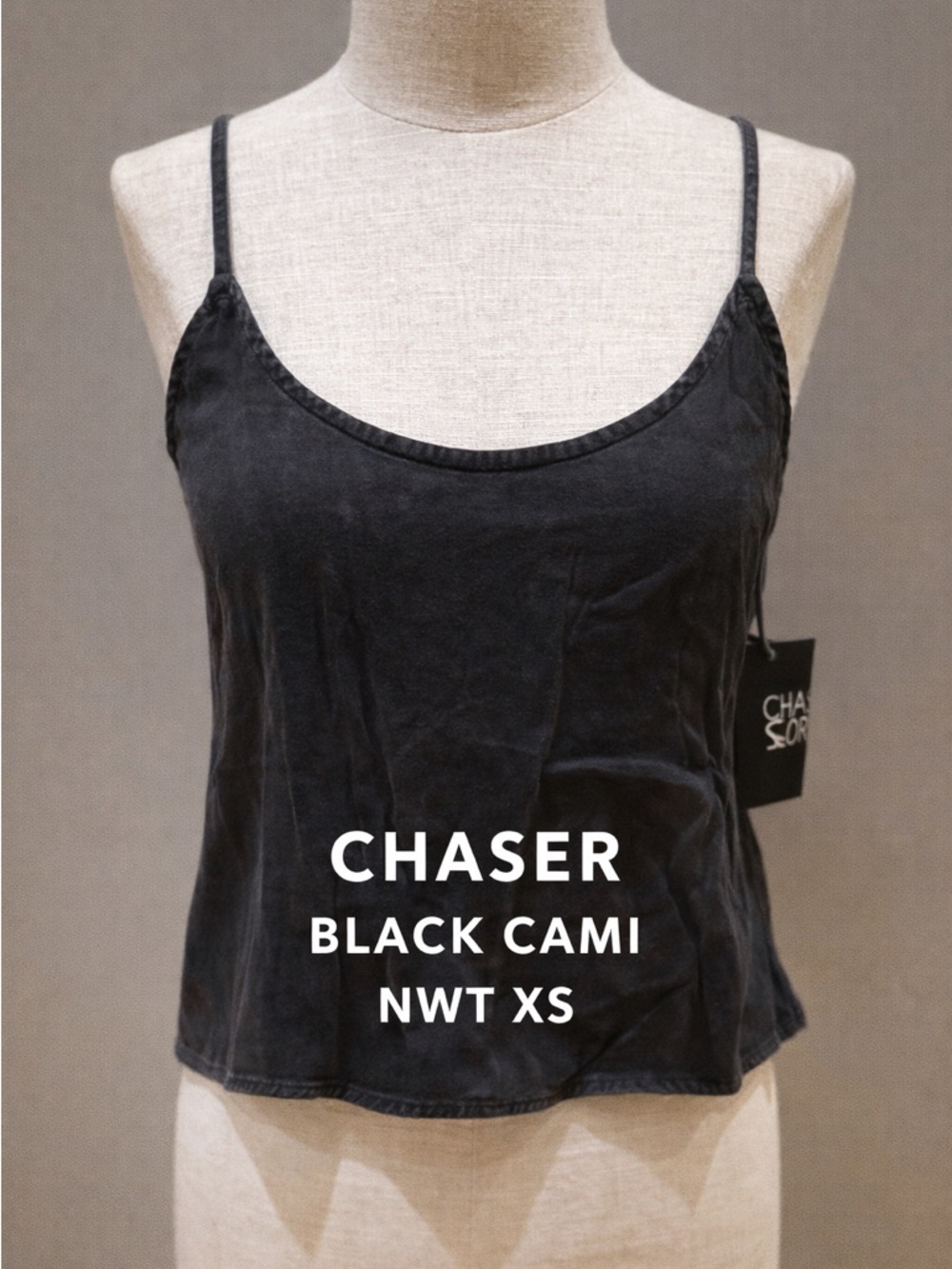 Chaser Black Cami Tank Top XS NWT Satin Look Adjustable Strap Hi Lo Crop Top